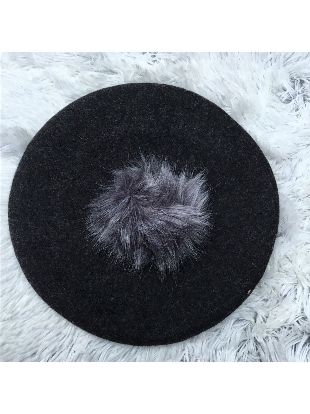 Women's Charcoal Beret Hat with Gray Faux Fur Pom Pom One Size